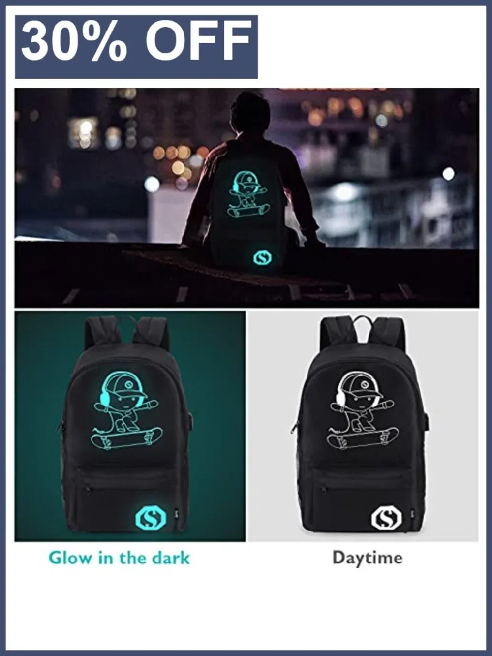 Skateboard Anime Luminous School Backpack with USB Port, Anti-Theft Lock, Sling